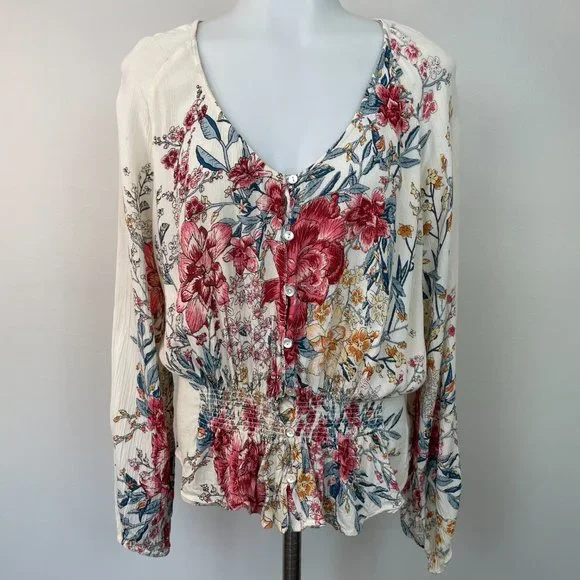 Billabong Top Small Play Day Blouse Floral Pink Ivory Long Sleeve Women's - Picture 2 of 14